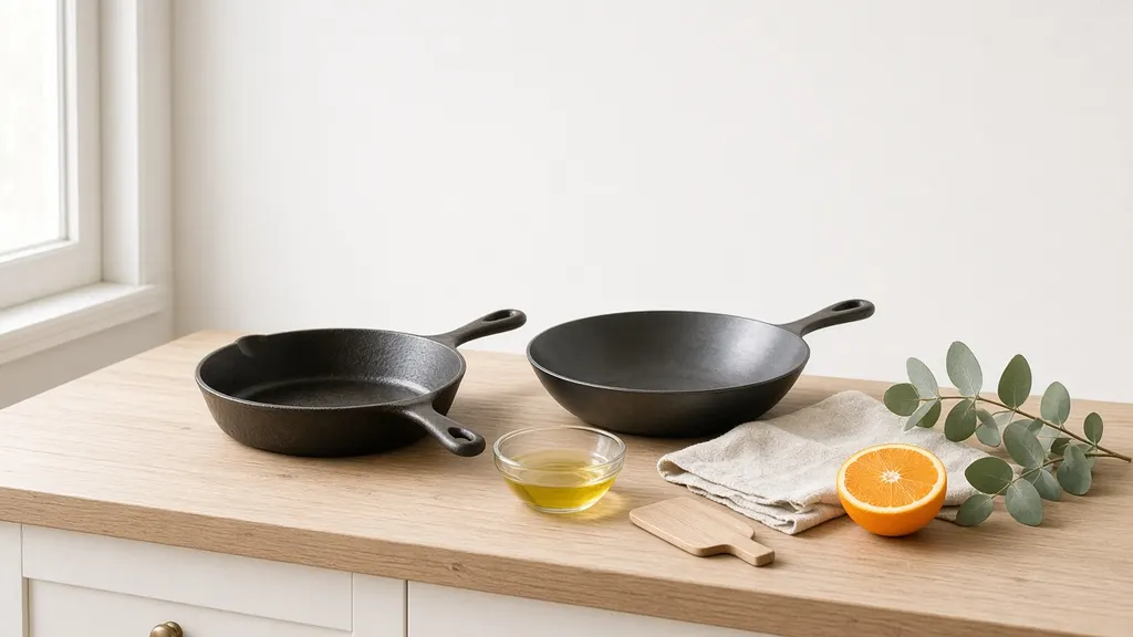 A black cast iron skillet and a carbon steel pan on a pale wood counter beside a small glass dish of oil, a wooden pan scraper, a folded linen towel, a halved orange and a sprig of eucalyptus.