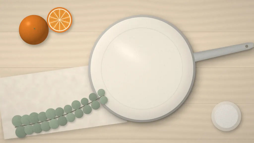 Overhead illustration of a plain cream ceramic-coated frying pan with a brushed steel handle on a pale wood table, with a linen cloth, a eucalyptus sprig, a whole orange, half an orange and a small dish of salt.