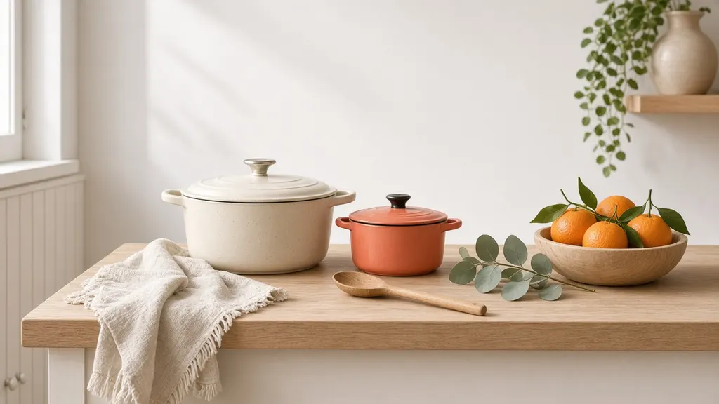 A cream enameled Dutch oven with its lid beside a smaller coral-orange enameled pot on a pale wood counter, with a sprig of eucalyptus, a bowl of oranges and a folded linen towel.