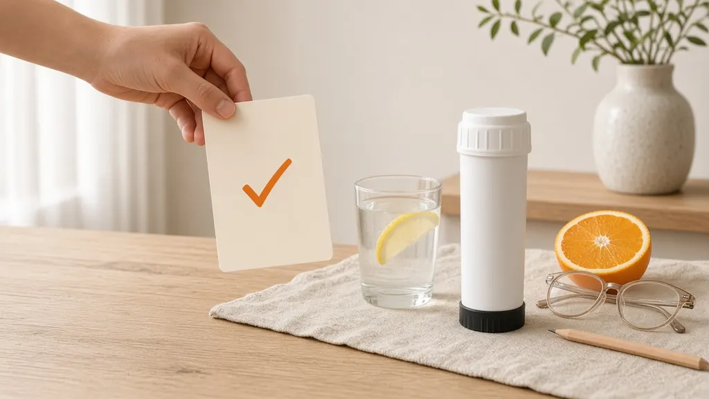 A hand holding a blank cream card with a single orange check mark, above a linen mat with a plain white filter cartridge, a glass of water with a lemon slice, a halved orange, reading glasses and a pencil.