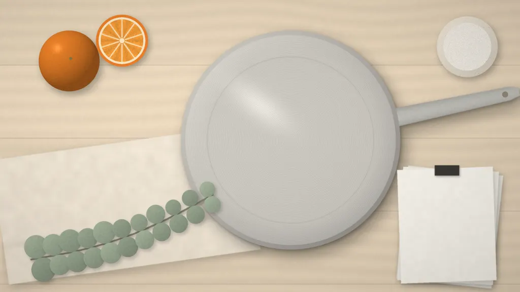 Overhead illustration of a plain, unbranded brushed-steel frying pan on a pale wood table, with a linen cloth, a eucalyptus sprig, a whole orange, half an orange, a small dish of salt and a short stack of blank paper sheets held by a black clip.
