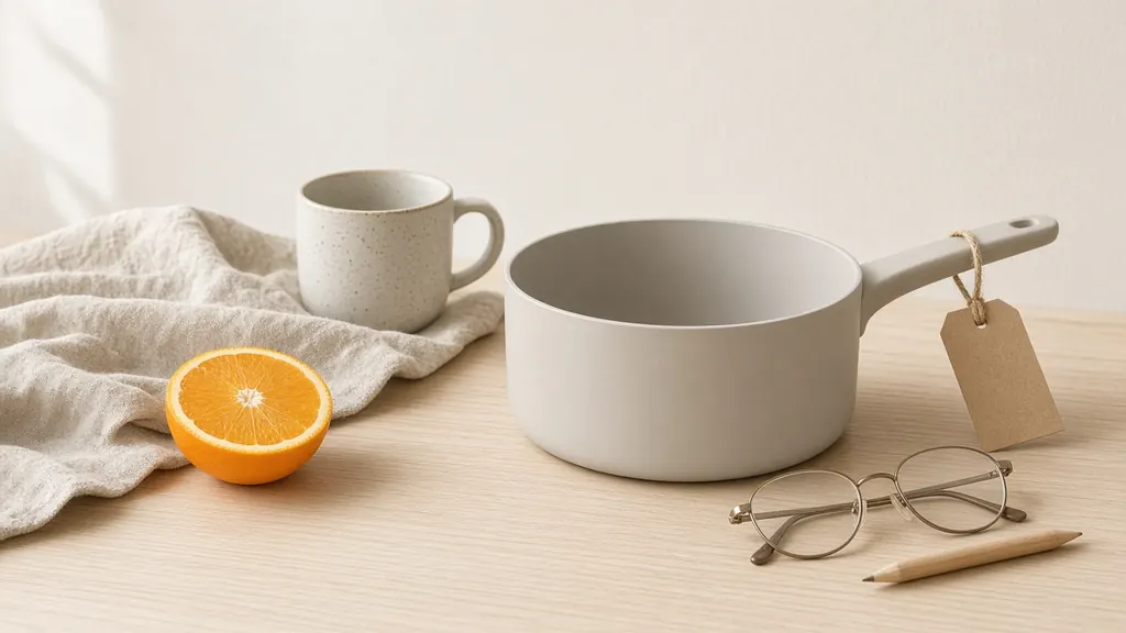 A plain pan with a blank paper tag tied to its handle, beside half an orange, reading glasses and a pencil on cream linen.