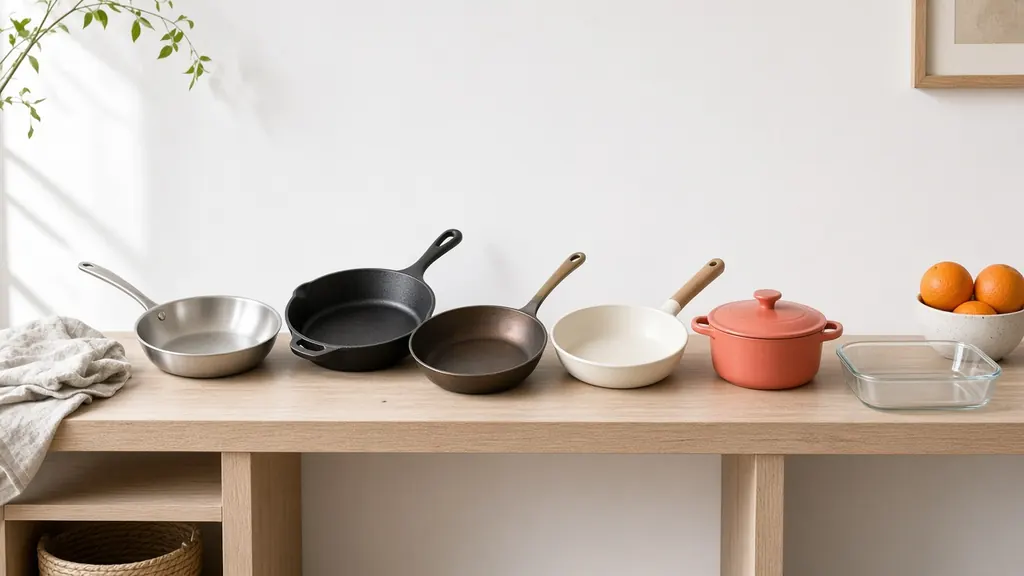 Six unbranded cookware pieces in a row on a cream surface: stainless steel pan, cast iron skillet, carbon steel pan, cream ceramic-coated pan, coral-orange enameled pot and a glass dish, with orange slices and leaves.