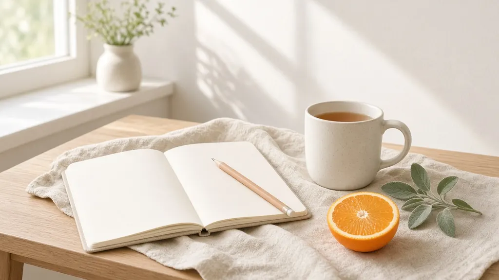 An open blank notebook with a pencil beside a cream ceramic mug of tea, half an orange and a sprig of sage-green leaves on a linen cloth over a light wood table by a sunny window.