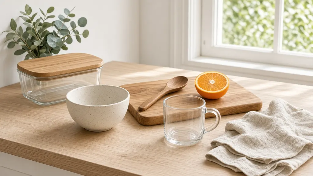 A glass food container with a wooden lid, a speckled cream ceramic bowl, a clear glass mug, a wooden board and spoon, a halved orange and a folded linen cloth on a light oak counter by a sunny window, with a eucalyptus sprig behind.
