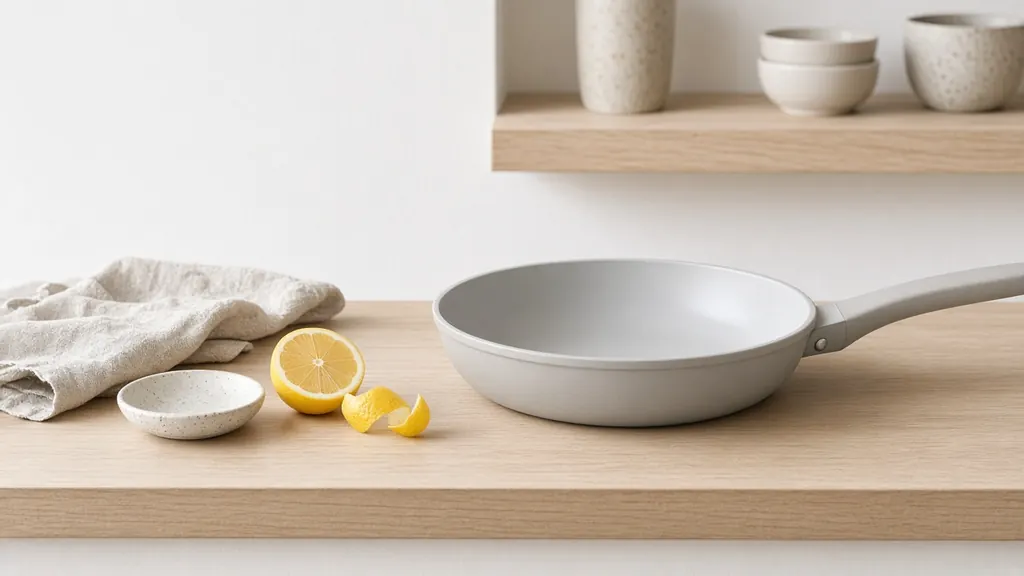 A plain light-grey frying pan beside lemon halves, a curl of lemon peel and a small magnifying glass on cream linen.
