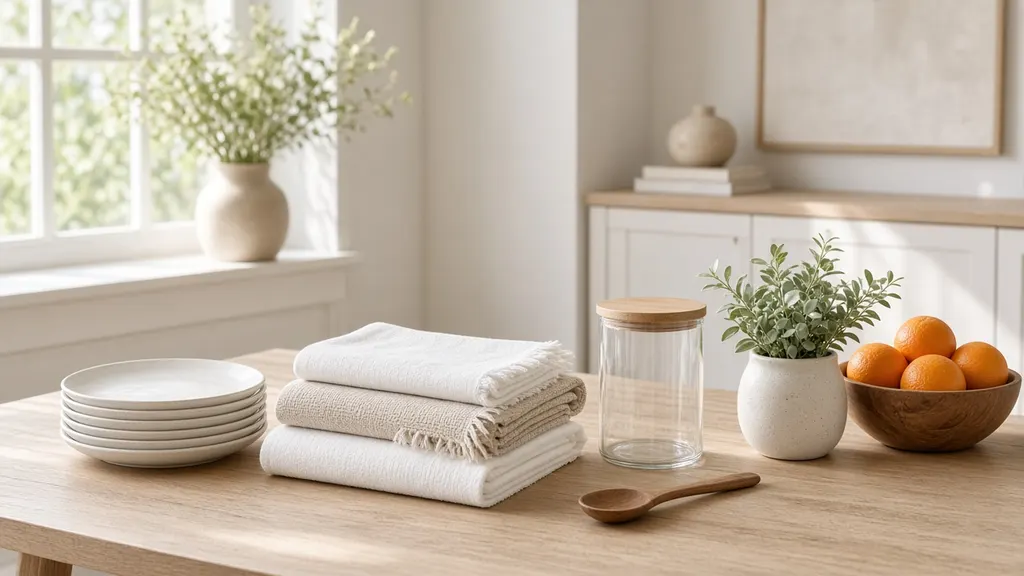 A light oak dining table set with a stack of cream plates, a folded linen towel, a glass storage jar with a wooden lid, a small green plant, a wooden spoon and a bowl of oranges, in soft window light.