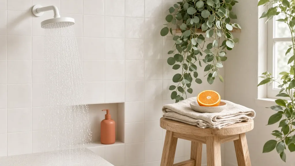 A plain white showerhead with water streaming down a white tiled wall, an unlabeled terracotta soap pump in a niche, and a wooden stool holding a folded linen towel and a halved orange, with trailing eucalyptus beside a bright window.