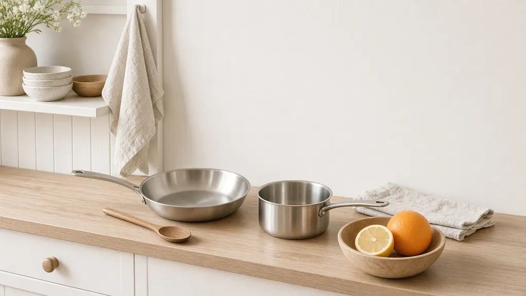 A brushed stainless steel skillet and small saucepan on a pale wood counter beside a wooden spoon, a folded linen towel and a wooden bowl holding a whole orange and a halved lemon, with a shelf of cream bowls in the soft background.
