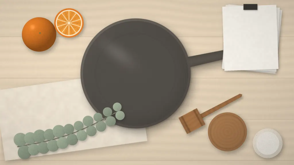 Illustrated overhead view of a plain charcoal frying pan on pale wood planks, with a whole orange and half an orange, a eucalyptus sprig on a linen cloth, a stack of blank paper sheets with a black clip, a small wooden gavel beside its round block and a dish of salt.