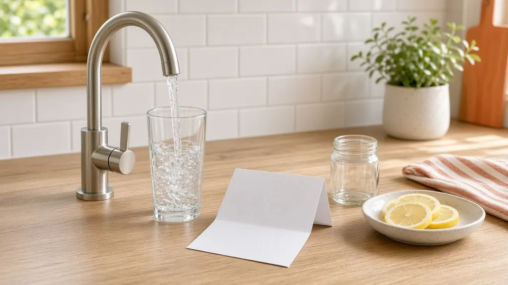 A brushed-steel kitchen faucet pouring water into a clear glass, with a blank folded paper card, an empty glass sample jar, a dish of lemon slices, a striped cloth and a small potted plant on a light oak counter in front of white tile.