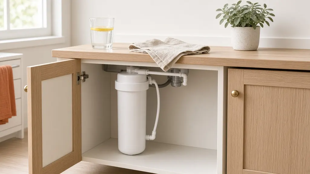 An open kitchen cabinet showing a plain white under-sink filter cartridge with simple tubing, under a light oak counter holding a glass of water with a lemon slice, a folded linen cloth and a small potted plant.