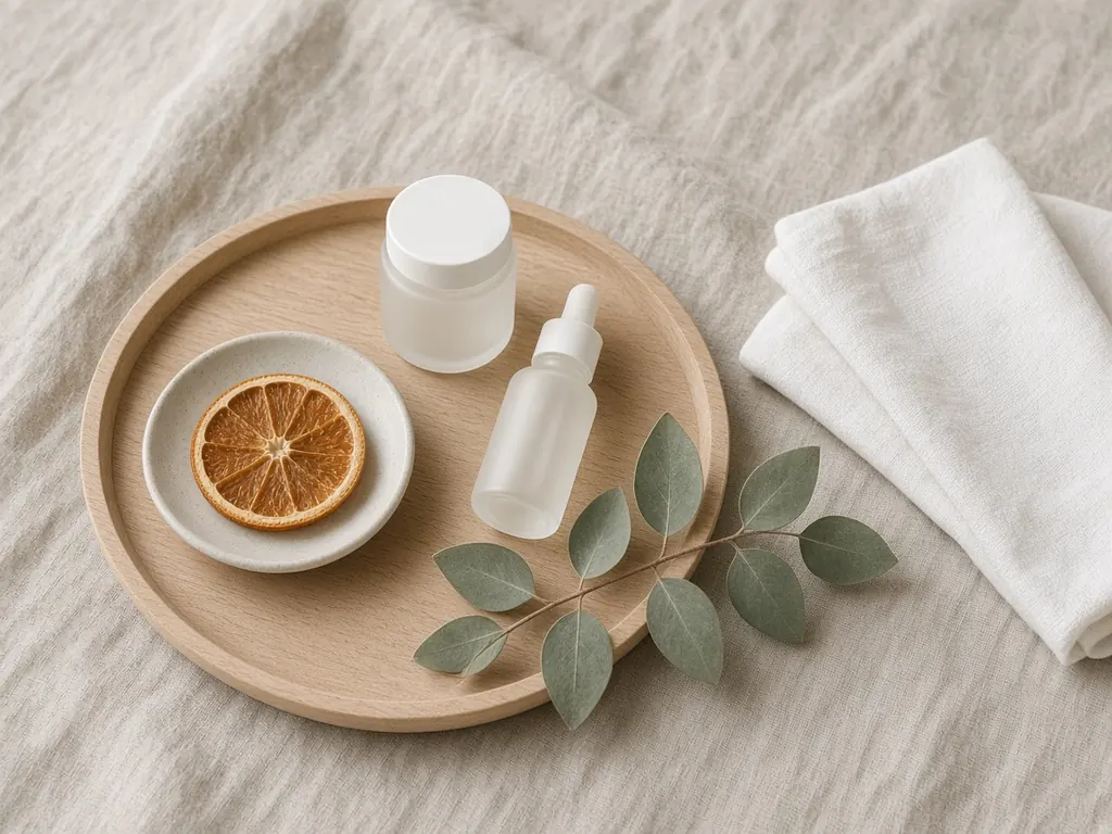 A dried orange slice, plain frosted glass jars and a dropper bottle, a coral flower and green leaves on peach linen.