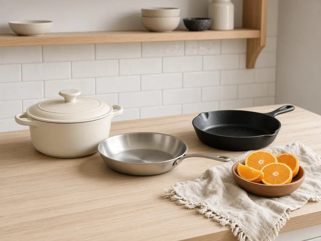 A stainless steel skillet, a black cast iron skillet, a cream enameled pot and a glass baking dish on a sunny counter, with halved oranges and lemon slices.