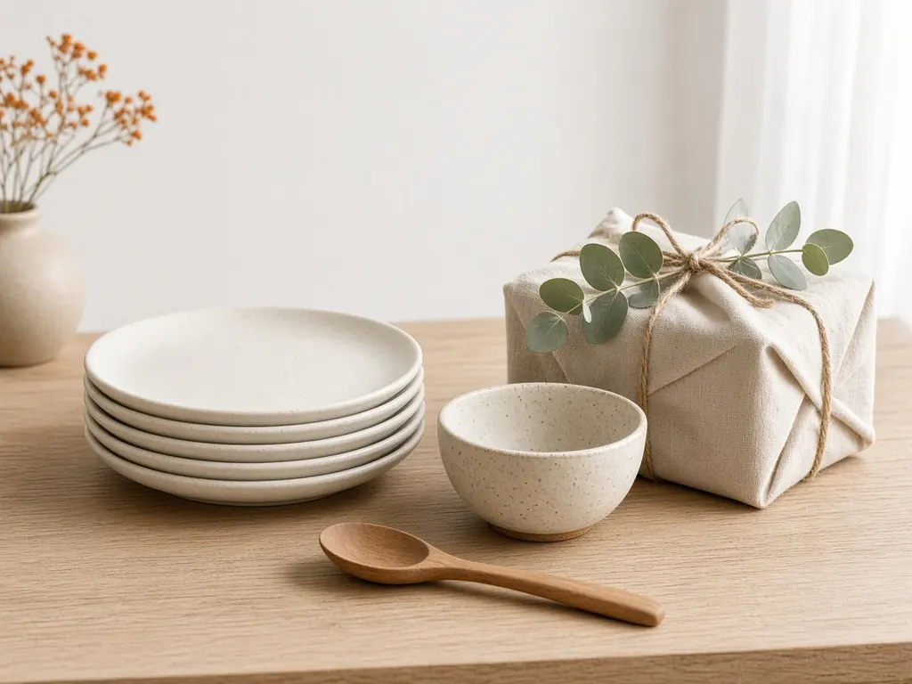 A gift box wrapped in cream paper with a linen ribbon and a sprig of orange blossom, beside a wooden spoon and a speckled ceramic bowl.