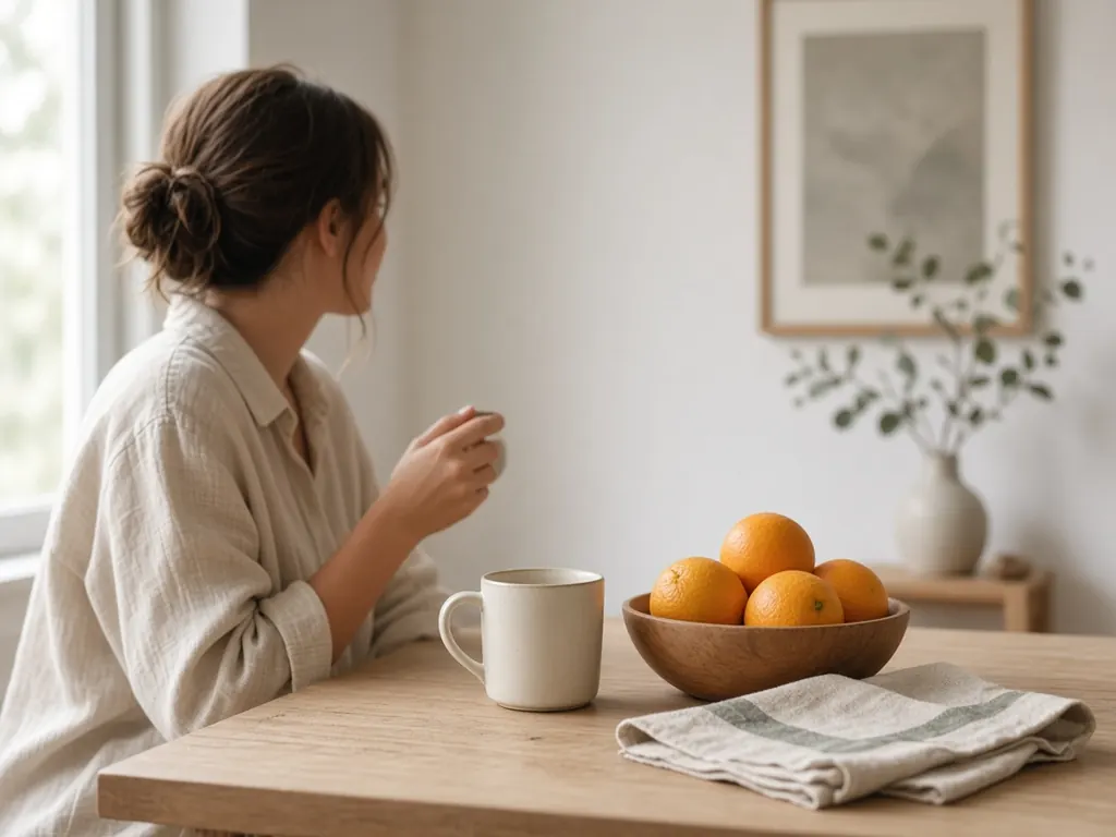 Halved oranges, a lemon, a curl of orange peel and green leaves on cream linen with a blank notepad and a pencil.